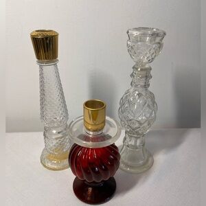 Avon Glass Clear & Red bottles that double as Candle Holders. Cut glass.